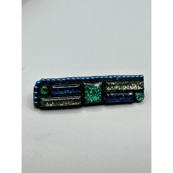 90s Handcrafted Brooch Blue and Green Glittery Pin Rectangle Geometric Design - Picture 3 of 7